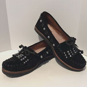 Coach Rexy Roccasins Women 5B Shoes Black Suede Slippers Charms Shearling Sherpa